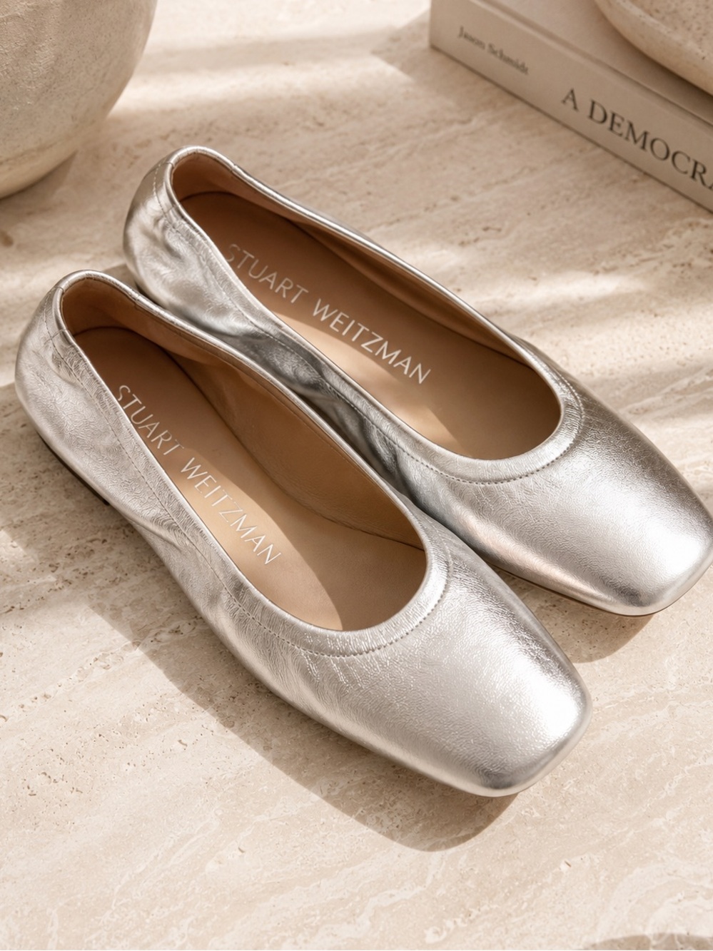 Stuart Weitzman Silver Metallic Leather Square Toe Ballet Flats Made in Spain 7 - Picture 1 of 7